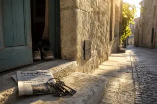 Soft morning light illuminates a stone doorstep in a quiet Clarensac alley with a local newspaper, keys, and an open door hinting at a new arrival.