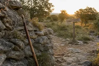 At sunrise, a hiker’s stick rests against a stone wall with wild herbs, dawn light and a hand-painted sign on a garrigue trail near Clarensac