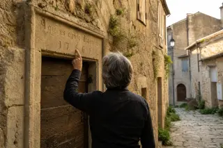 A villager in Clarensac touches an old stone inscription in a sunlit alley, evoking traditions and local heritage in a golden Mediterranean setting.