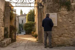 Middle-aged person from behind by an old village gate at dawn, reading a notice on a limestone wall in Clarensac, warm gentle light, quiet atmosphere.
