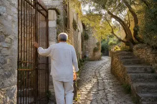 Early morning scene of a man in a limestone village lane, gently tracing an old engraved street name plaque on a weathered wall, dew on cobblestones, soft golden light.