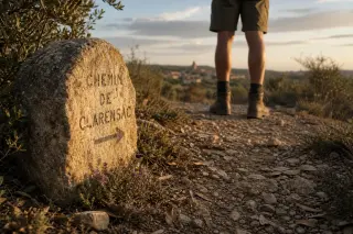 Close-up of an old limestone trail marker with faded lettering along a Mediterranean garrigue path, with a villager's legs paused beside, bathed in late afternoon sun and Clarensac’s distant rooftops in the background.