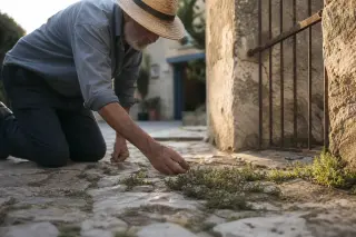 Older man examines wild thyme growing in sunlit limestone alley of Clarensac, late afternoon light and rustic textures